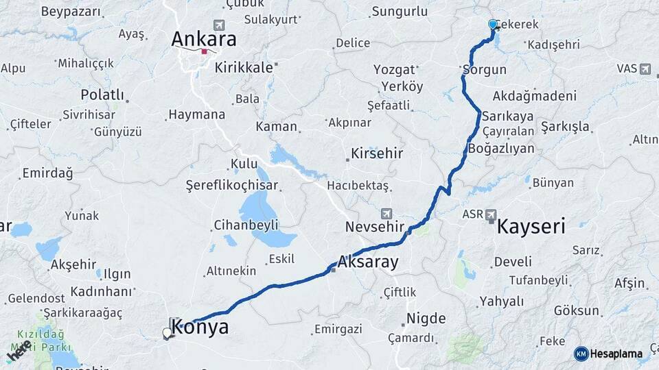 Yozgat Çekerek Konya Arası Kaç Km - Yol Haritası