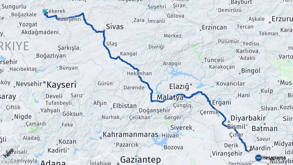 Yozgat Çekerek Mardin Arası Kaç Km - Yol Haritası