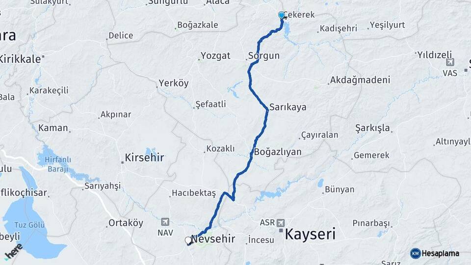 Yozgat Çekerek Nevşehir Arası Kaç Km - Yol Haritası