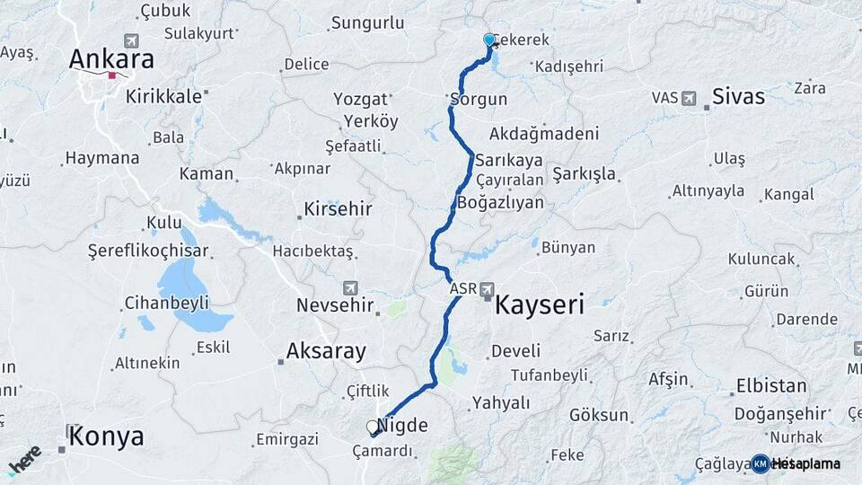 Yozgat Çekerek Niğde Arası Kaç Km - Yol Haritası
