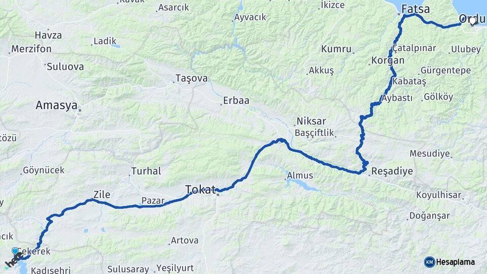Yozgat Çekerek Ordu Arası Kaç Km - Yol Haritası