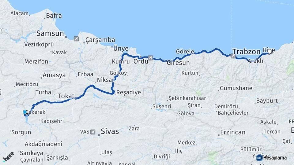 Yozgat Çekerek Rize Arası Kaç Km - Yol Haritası