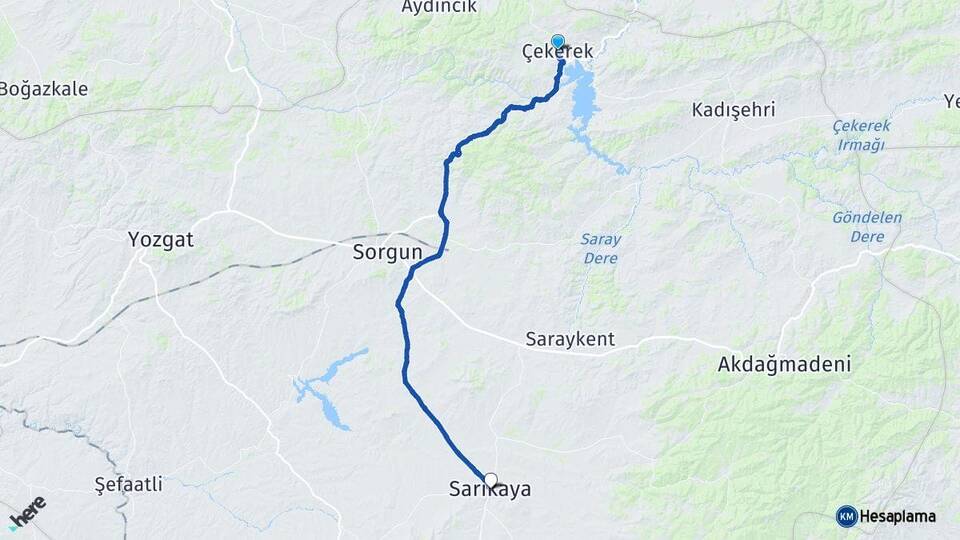 Yozgat Çekerek Sarıkaya Arası Kaç Km - Yol Haritası