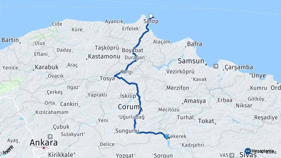 Yozgat Çekerek Sinop Arası Kaç Km - Yol Haritası