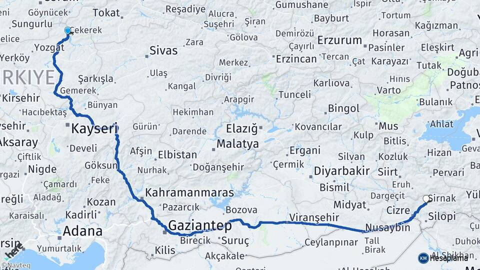 Yozgat Çekerek Şırnak Arası Kaç Km - Yol Haritası
