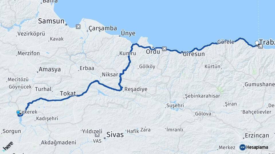 Yozgat Çekerek Trabzon Arası Kaç Km - Yol Haritası