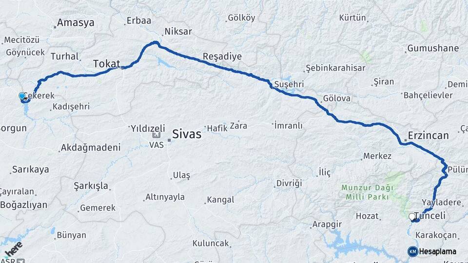 Yozgat Çekerek Tunceli Arası Kaç Km - Yol Haritası