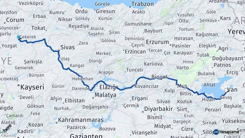 Yozgat Çekerek Van Arası Kaç Km - Yol Haritası