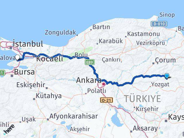 Yozgat Çekerek Yalova Arası Kaç Km - Yol Haritası