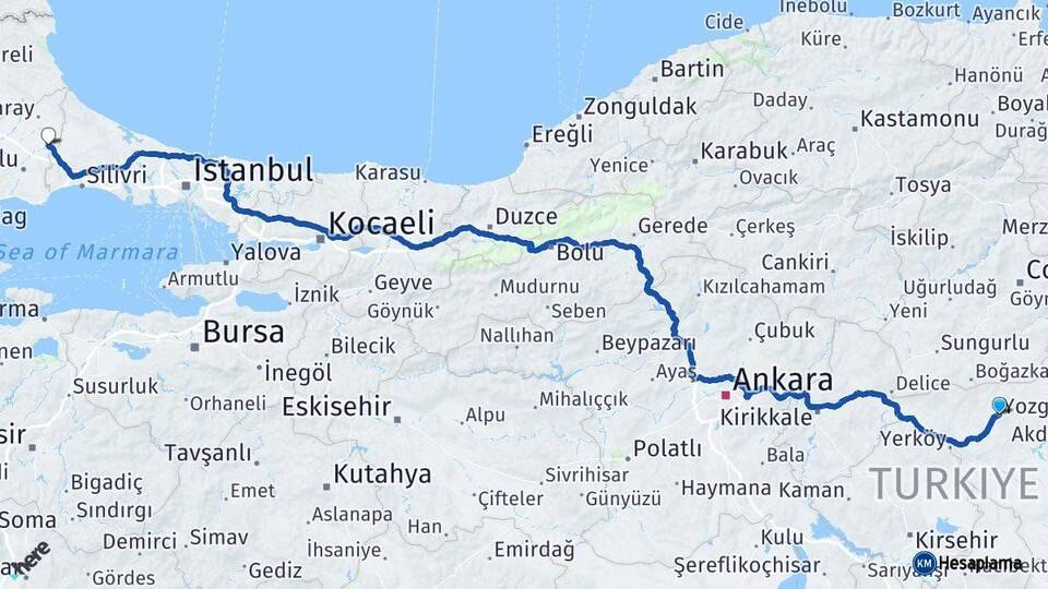 Yozgat Çerkezköy Tekirdağ Arası Kaç Km - Yol Haritası