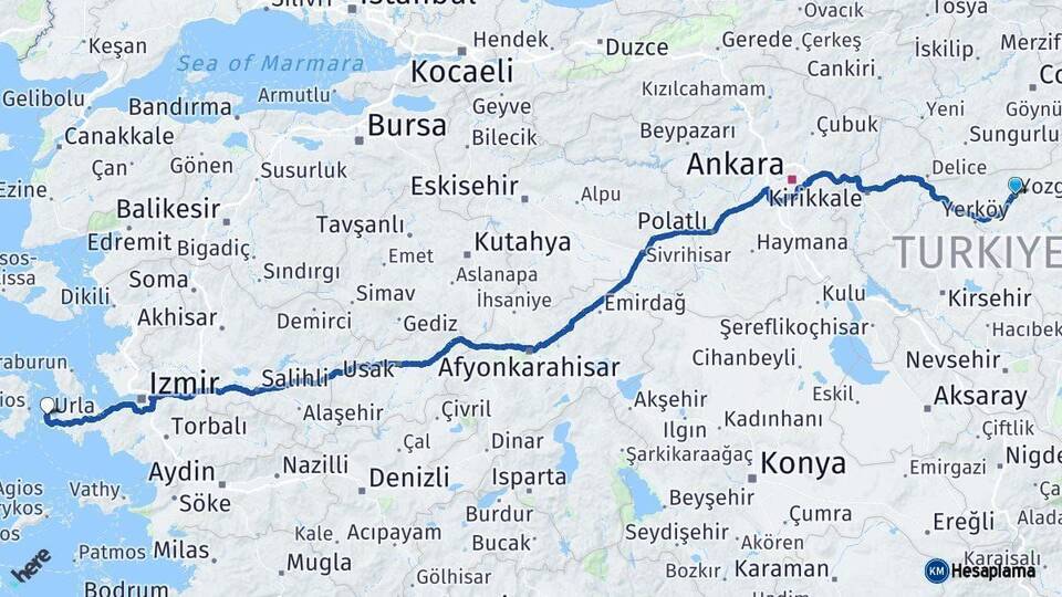 Yozgat Çeşme İzmir Arası Kaç Km - Yol Haritası
