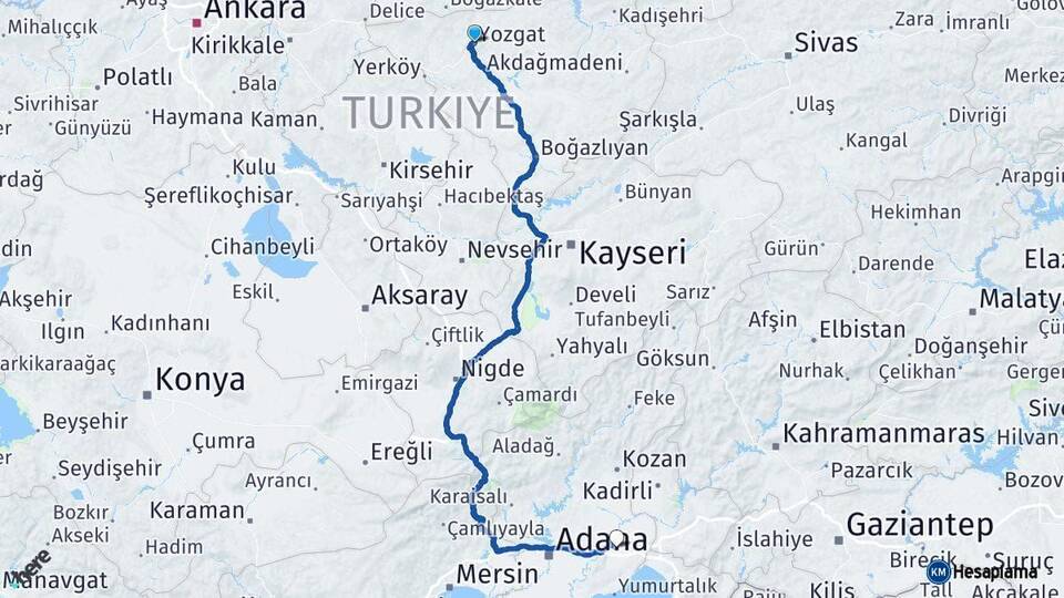 Yozgat Ceyhan Adana Arası Kaç Km - Yol Haritası