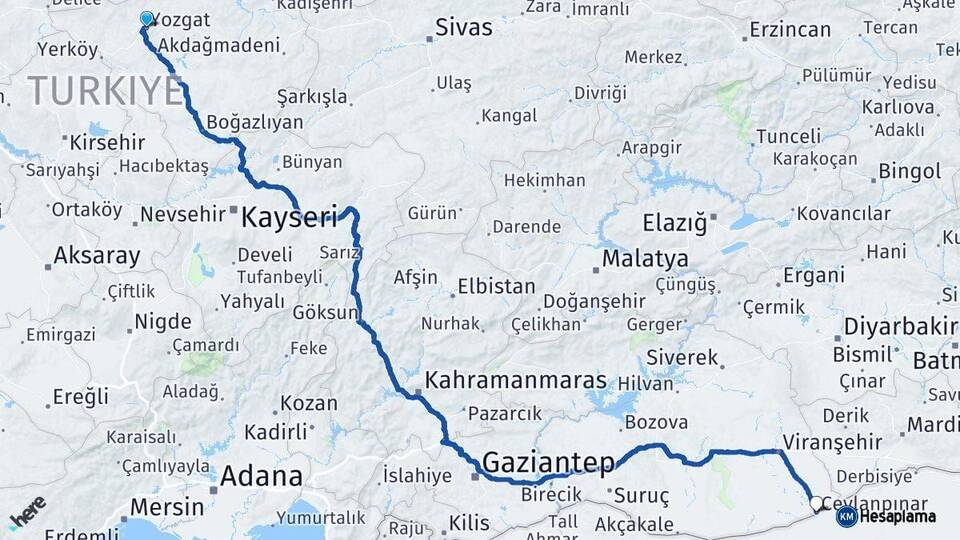 Yozgat Ceylanpınar Şanlıurfa Arası Kaç Km - Yol Haritası