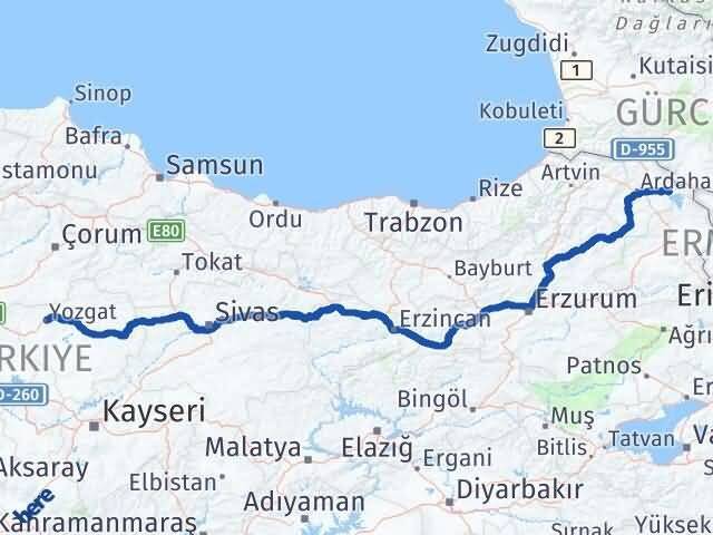 Yozgat Çıldır Ardahan Arası Kaç Km - Yol Haritası