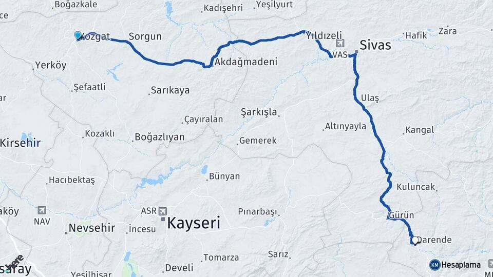 Yozgat Darende Malatya Arası Kaç Km - Yol Haritası