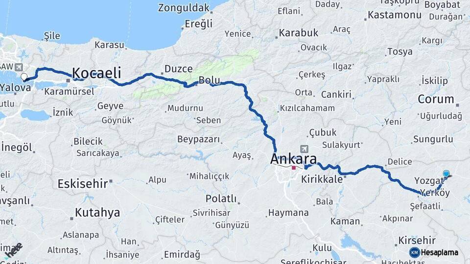 Yozgat Darıca Kocaeli Arası Kaç Km - Yol Haritası