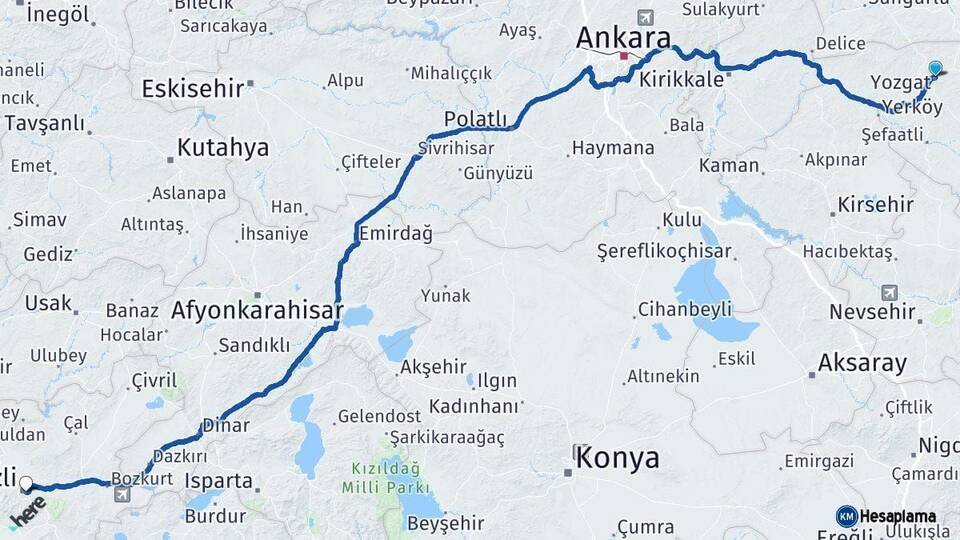 Yozgat Denizli Arası Kaç Km - Yol Haritası