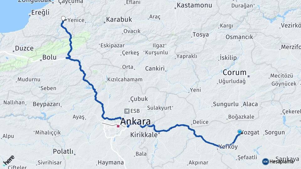 Yozgat Devrek Zonguldak Arası Kaç Km - Yol Haritası