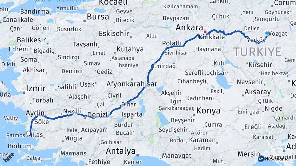 Yozgat Didim Aydın Arası Kaç Km - Yol Haritası