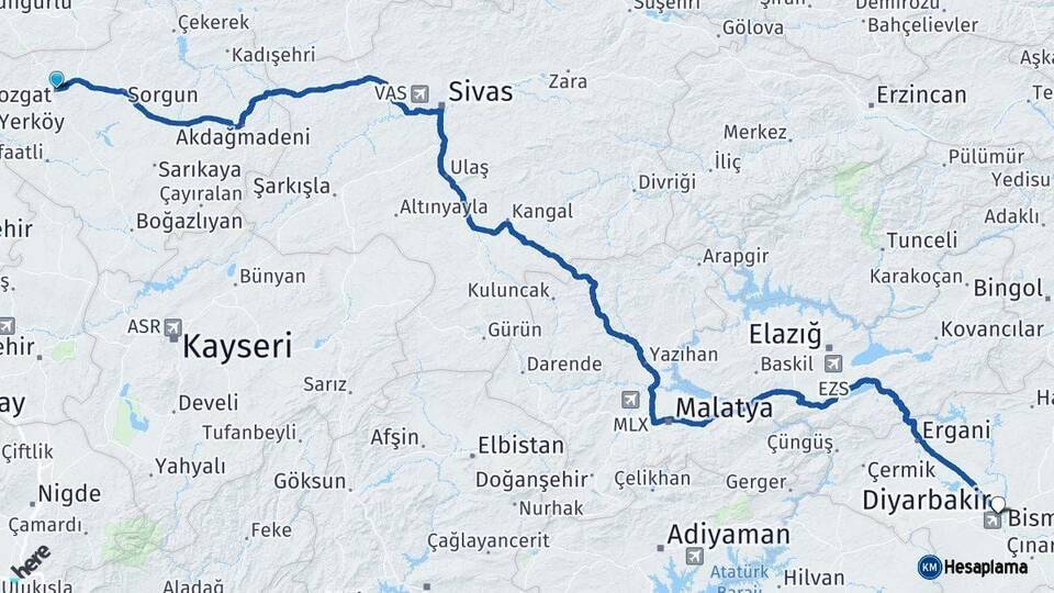 Yozgat Diyarbakır Arası Kaç Km - Yol Haritası