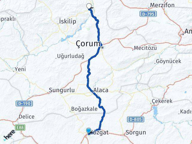 Yozgat Dodurga Çorum Arası Kaç Km - Yol Haritası