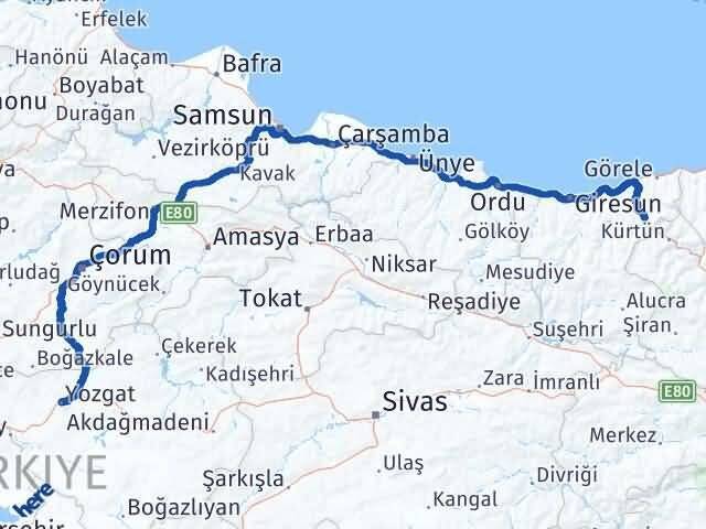 Yozgat Doğankent Giresun Arası Kaç Km - Yol Haritası
