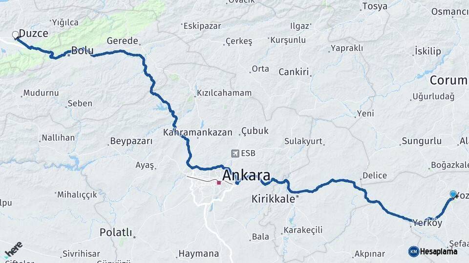 Yozgat Düzce Arası Kaç Km - Yol Haritası
