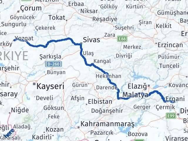 Yozgat Eğil Diyarbakır Arası Kaç Km - Yol Haritası
