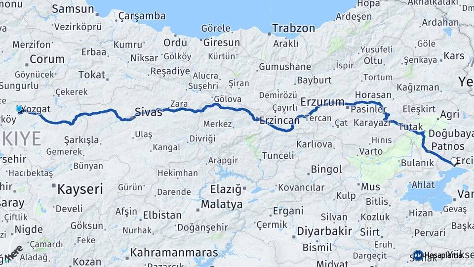 Yozgat Erciş Van Arası Kaç Km - Yol Haritası