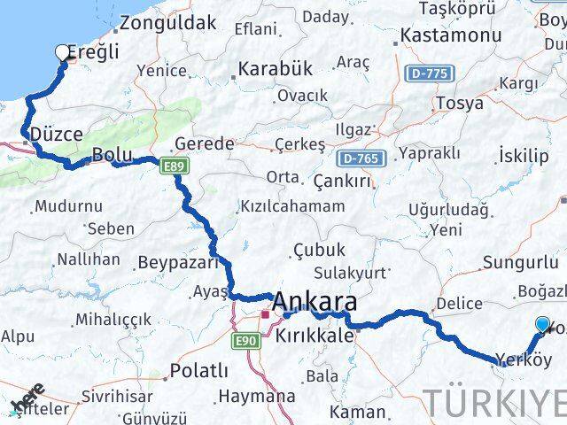 Yozgat Ereğli Zonguldak Arası Kaç Km - Yol Haritası
