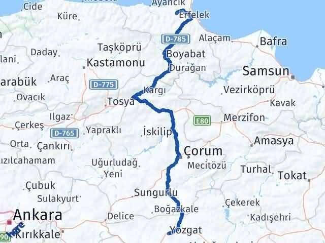 Yozgat Erfelek Sinop Arası Kaç Km - Yol Haritası