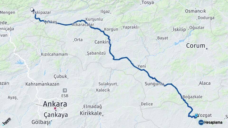 Yozgat Eskipazar Karabük Arası Kaç Km - Yol Haritası
