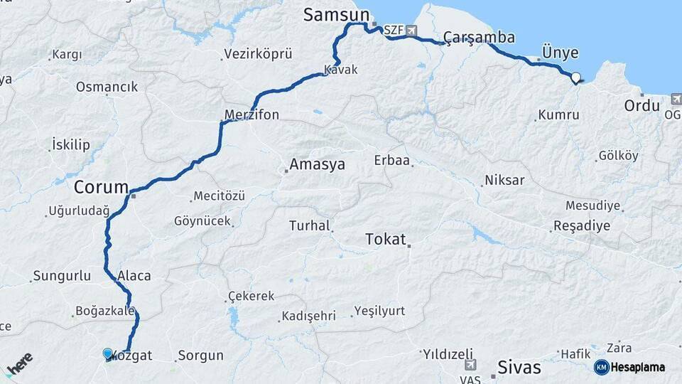 Yozgat Fatsa Ordu Arası Kaç Km - Yol Haritası