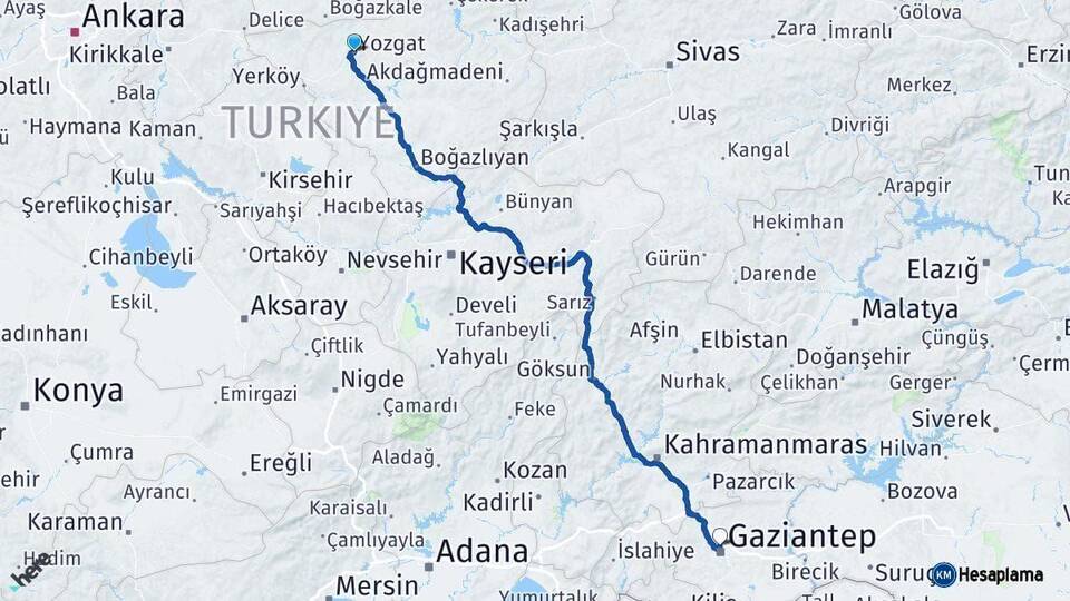 Yozgat Gaziantep Arası Kaç Km - Yol Haritası