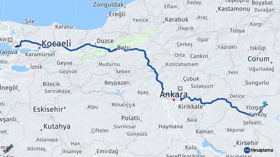 Yozgat Gebze Kocaeli Arası Kaç Km - Yol Haritası