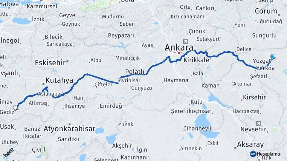 Yozgat Gediz Kütahya Arası Kaç Km - Yol Haritası