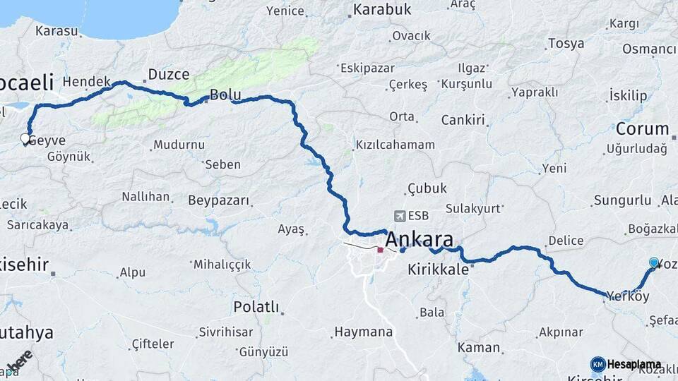 Yozgat Geyve Sakarya Arası Kaç Km - Yol Haritası