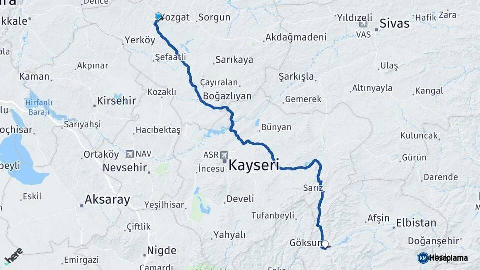 Yozgat Göksun Kahramanmaraş Arası Kaç Km - Yol Haritası