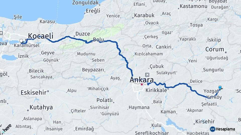 Yozgat Gölcük Kocaeli Arası Kaç Km - Yol Haritası