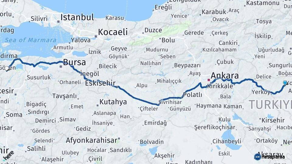 Yozgat Gönen Balıkesir Arası Kaç Km - Yol Haritası