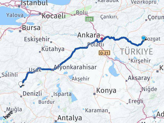 Yozgat Güney Denizli Arası Kaç Km - Yol Haritası