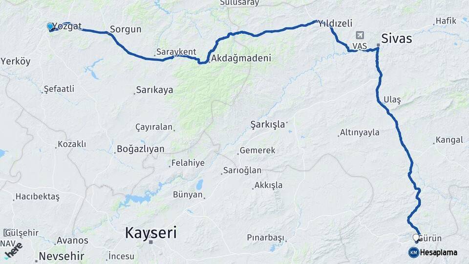 Yozgat Gürün Sivas Arası Kaç Km - Yol Haritası