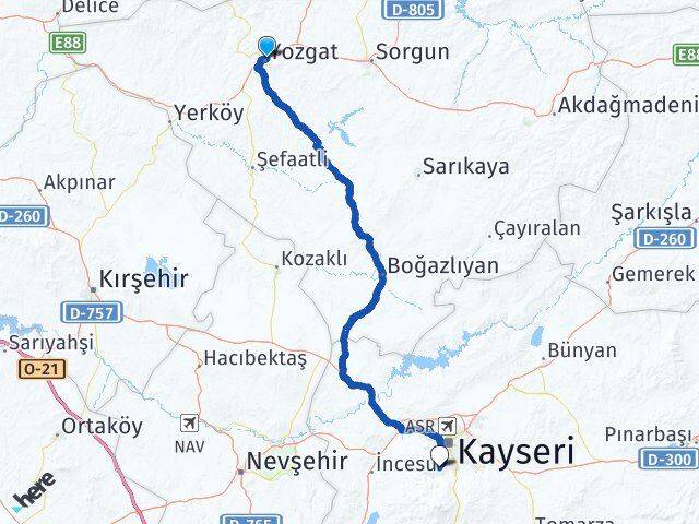 Yozgat Hacılar Kayseri Arası Kaç Km - Yol Haritası