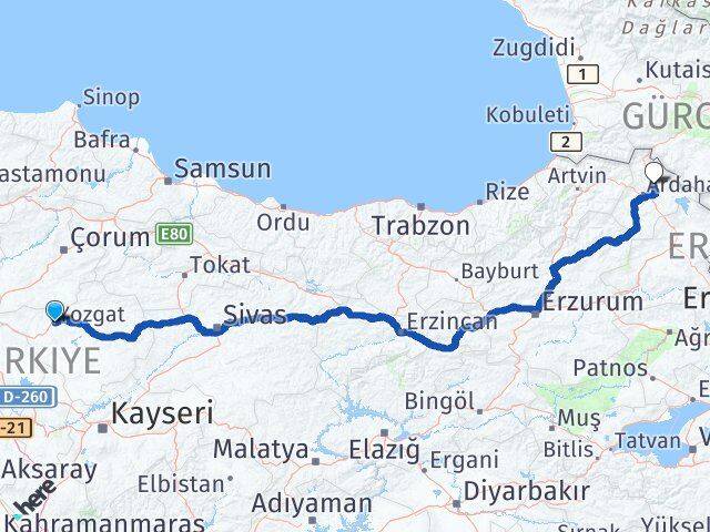 Yozgat Hanak Ardahan Arası Kaç Km - Yol Haritası