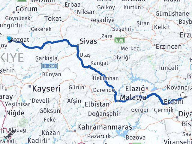 Yozgat Hani Diyarbakır Arası Kaç Km - Yol Haritası
