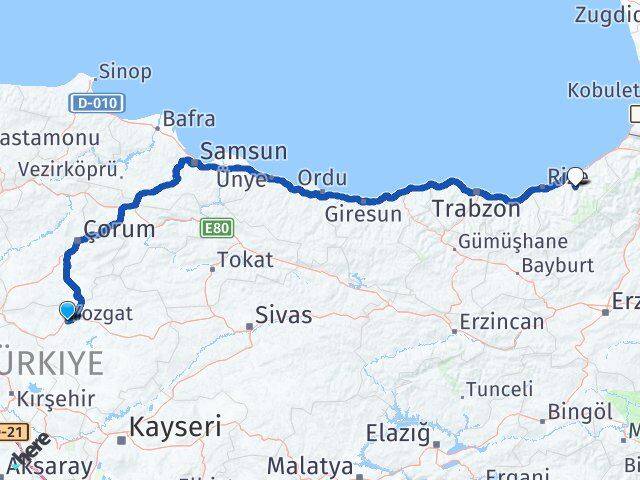Yozgat Hemşin Rize Arası Kaç Km - Yol Haritası