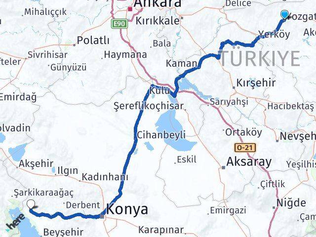 Yozgat Hüyük Konya Arası Kaç Km - Yol Haritası