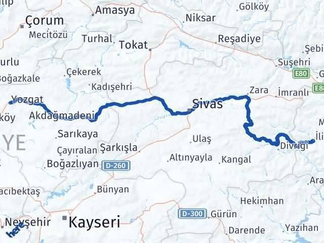 Yozgat İliç Erzincan Arası Kaç Km - Yol Haritası