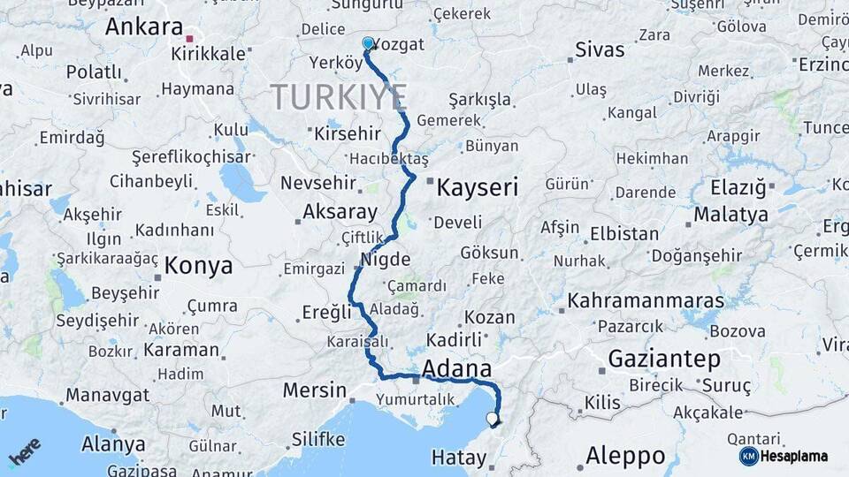 Yozgat İskenderun Hatay Arası Kaç Km - Yol Haritası
