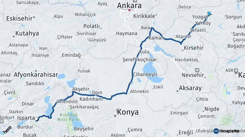 Yozgat Isparta Arası Kaç Km - Yol Haritası